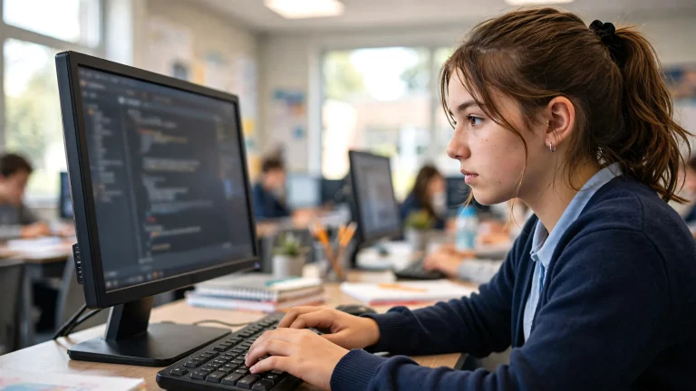 Estudiante de Ingeniería revisa un proyecto tecnológico, representando la Beca Ingenia UNAB para mujeres que ingresan a carreras STEM.